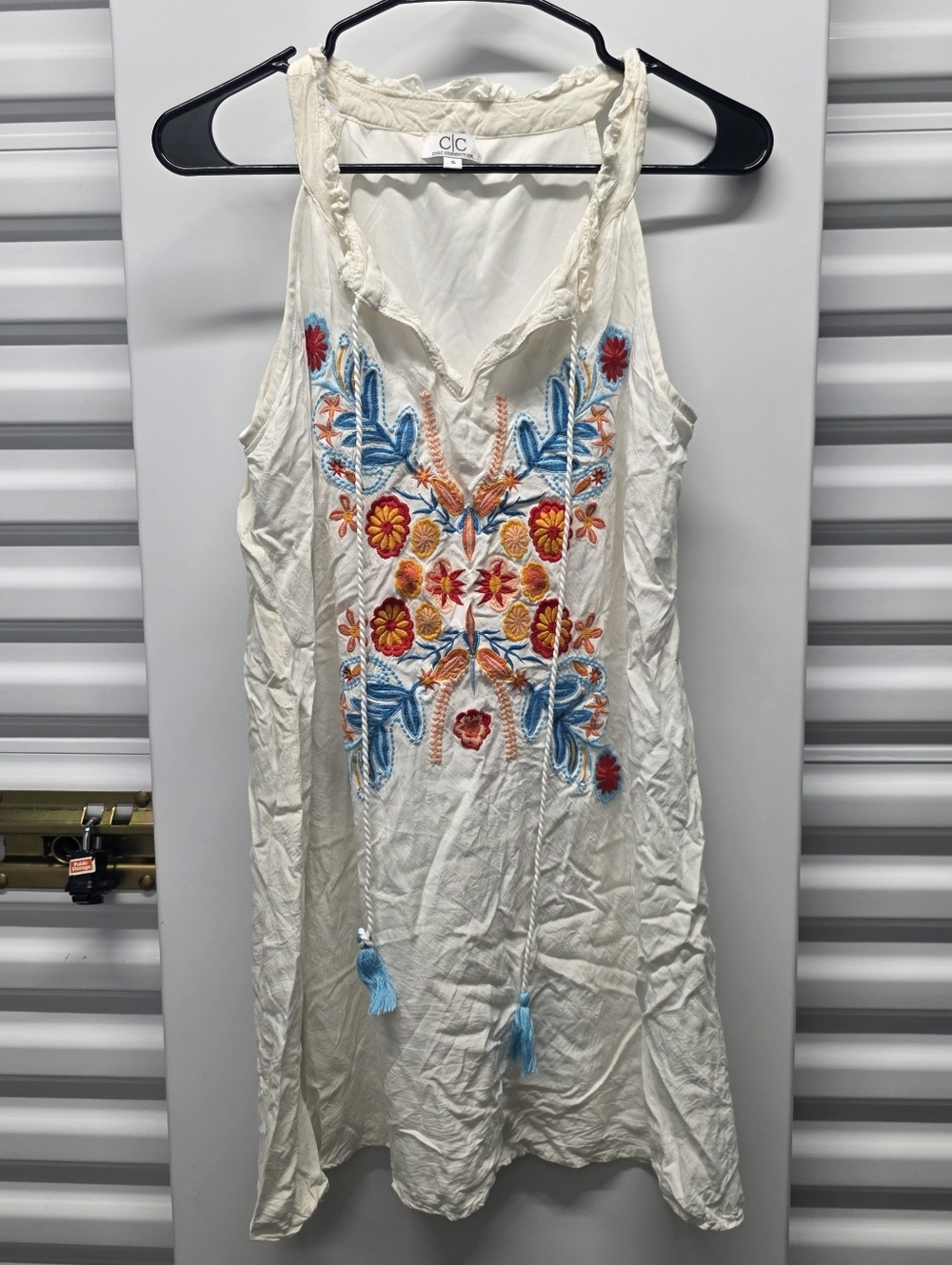 C.C Cream Embroidered Sleeveless Tunic Top with Blue and Orange Accents
